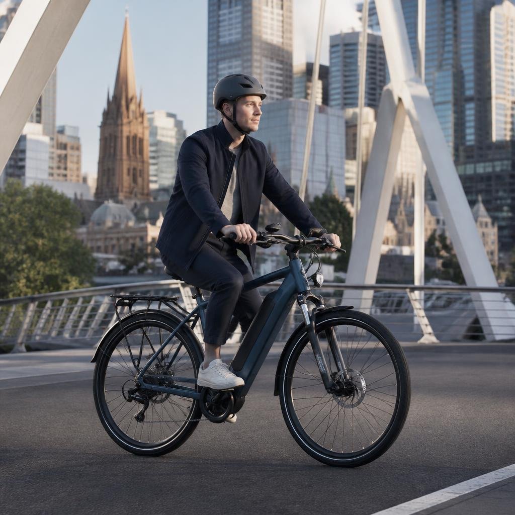 E-bike rider travelling through an Australian city