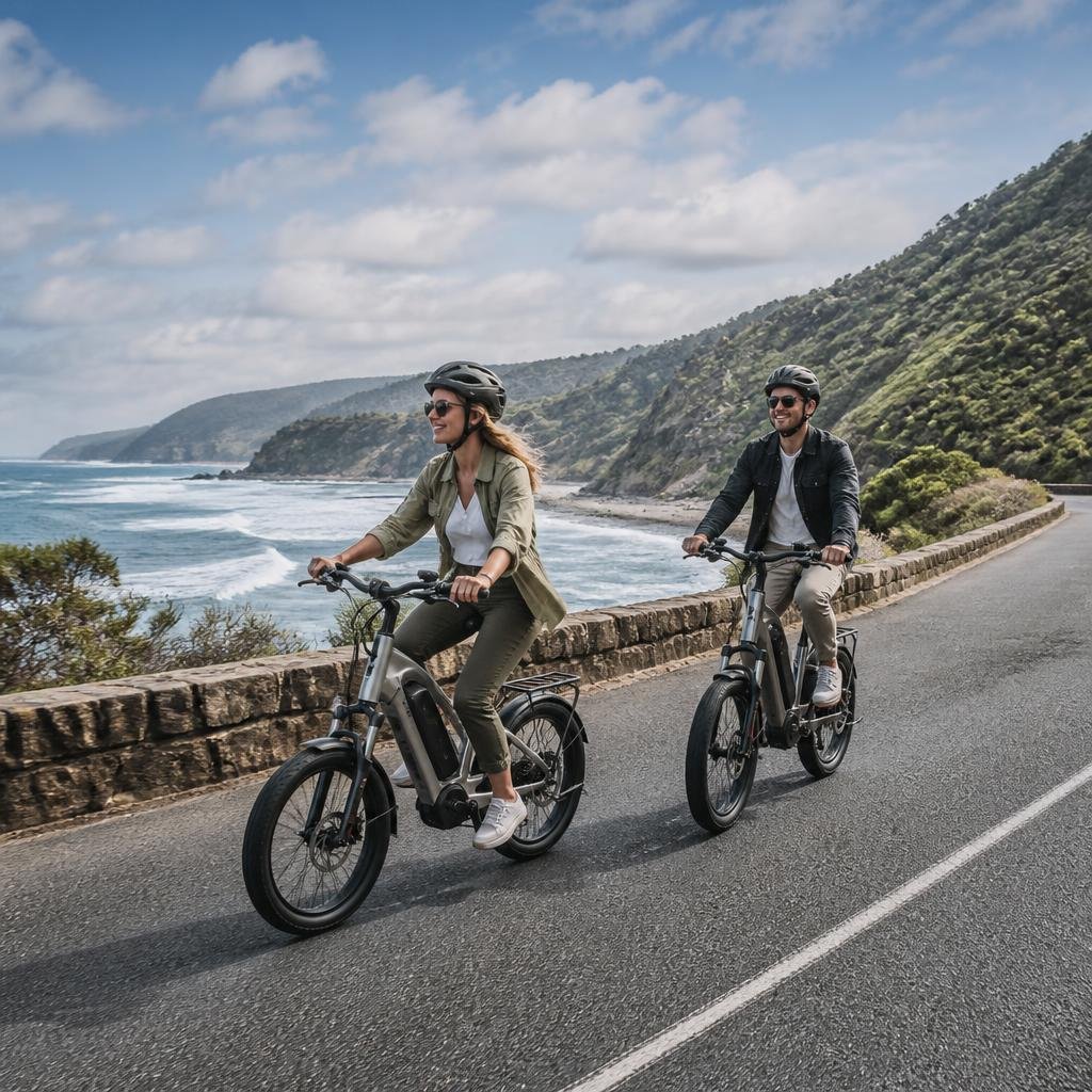 E-bike rider travelling along the Australian coast
