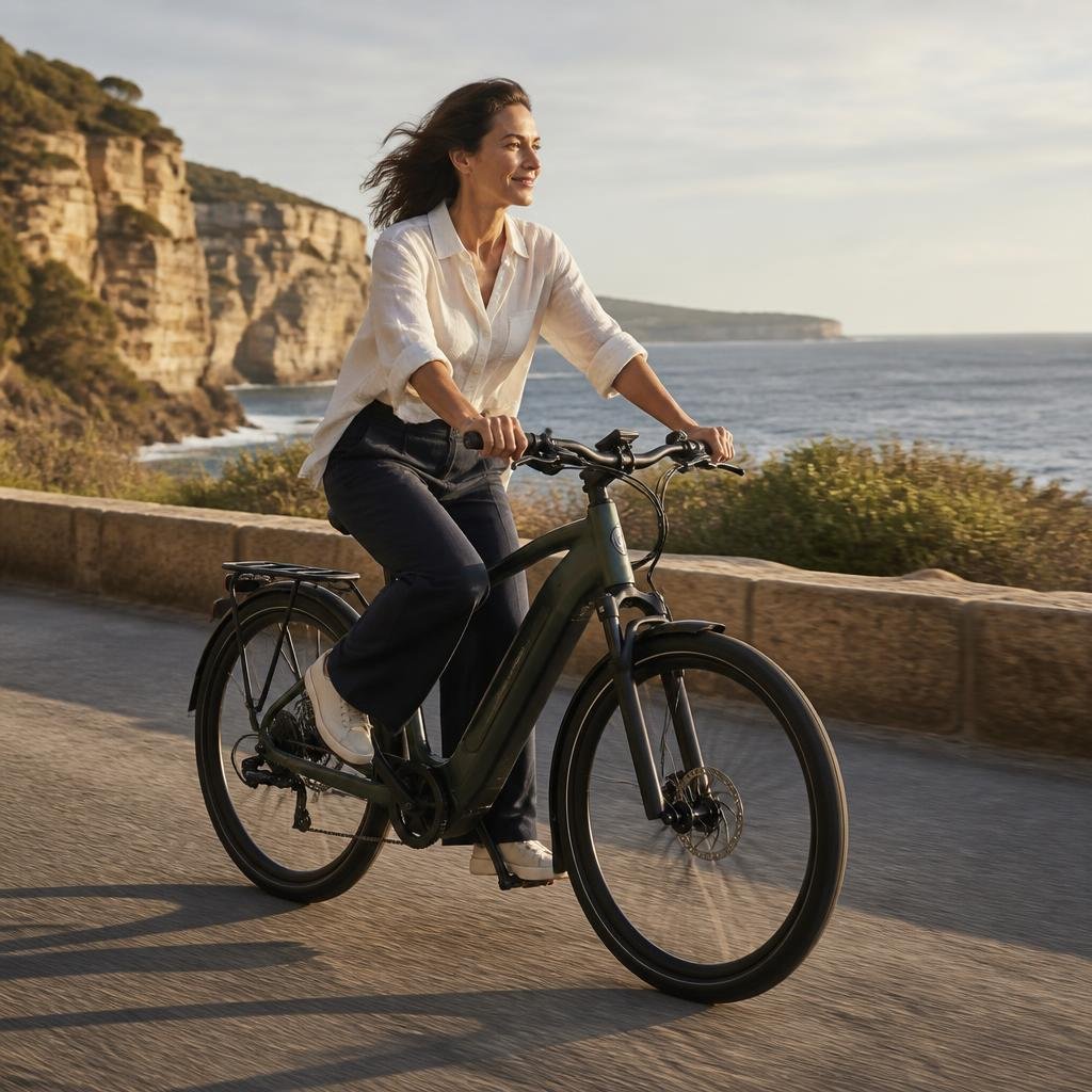 E-bike rider enjoying a coastal route